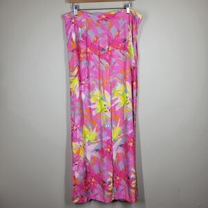 Trina Turk Pink Floral Palazzo Wide Leg Pants Viscose 14 Side Zip Tropical Beach